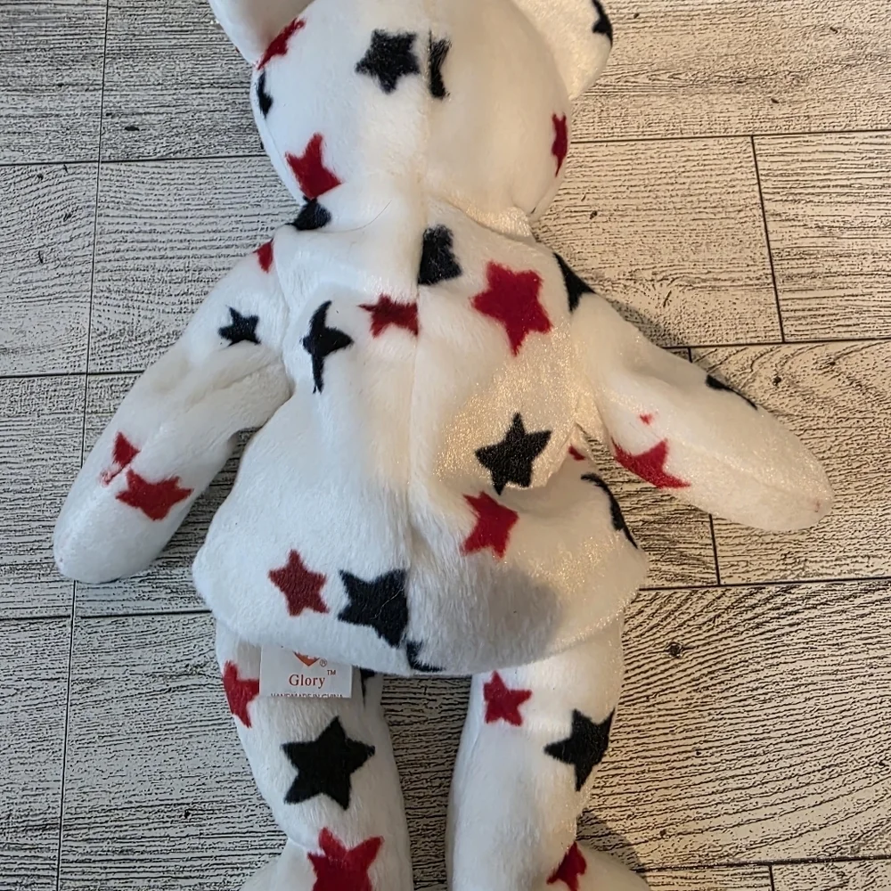 Ty Glory Beanie Baby White Bear with Red and Black Stars